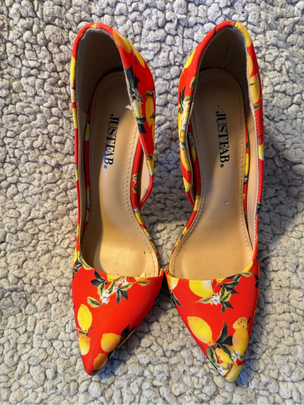 JustFab Margaux Lemon Print Pointed Toe D'Orsay Stiletto Heels.